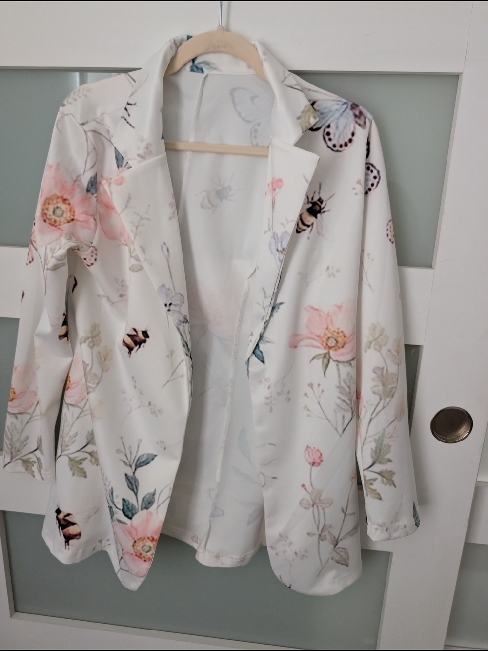 Floral Print White Blazer Jacket - Women's Lightweight Coat
